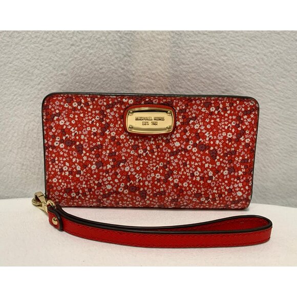 SOLD***Michael Kors Floral Snap Bifold Wallet Wristlet Red Gold - Picture 2 of 12